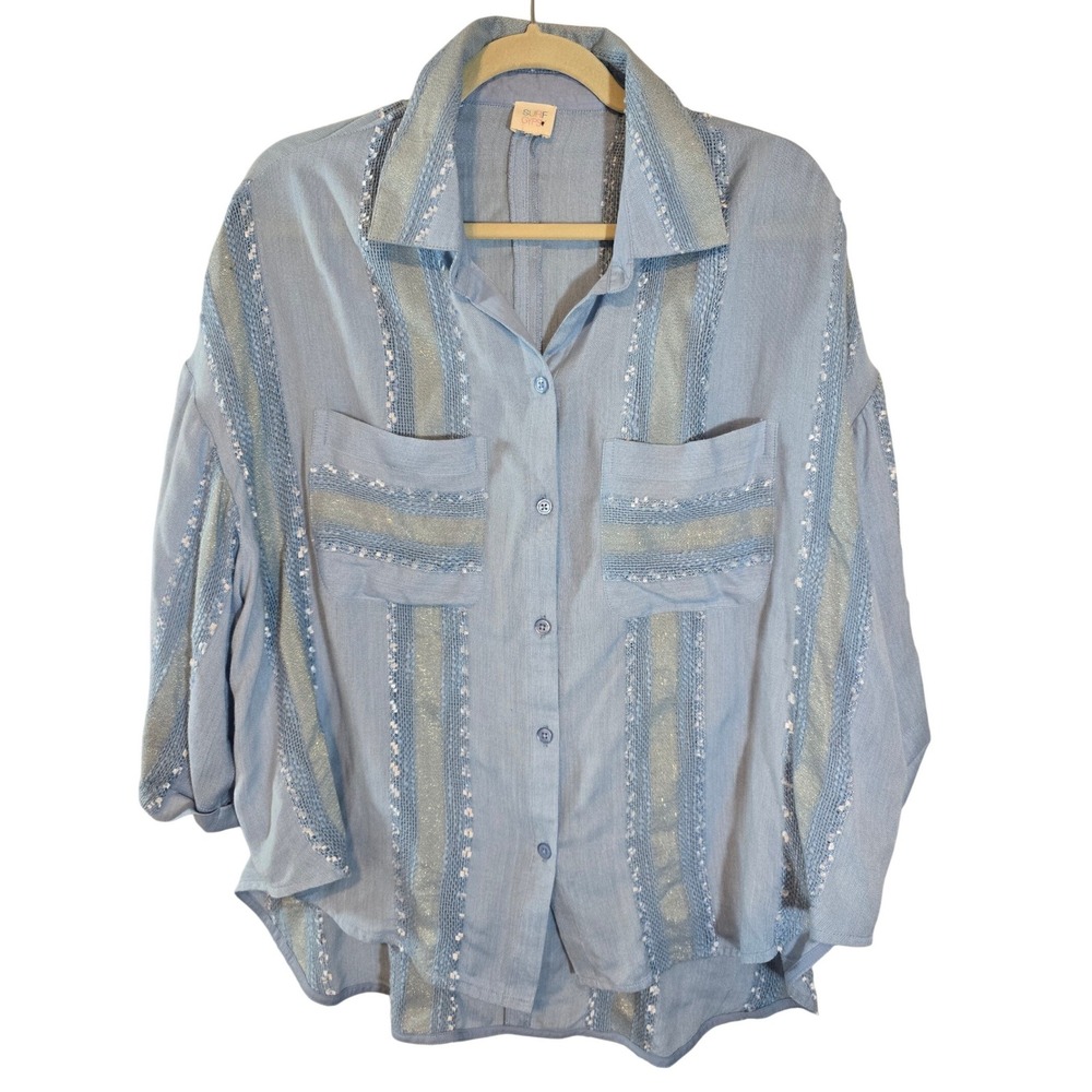 Surf Gypsy Womens Blue Striped Metallic Button Down Shirt Oversized Boho Top